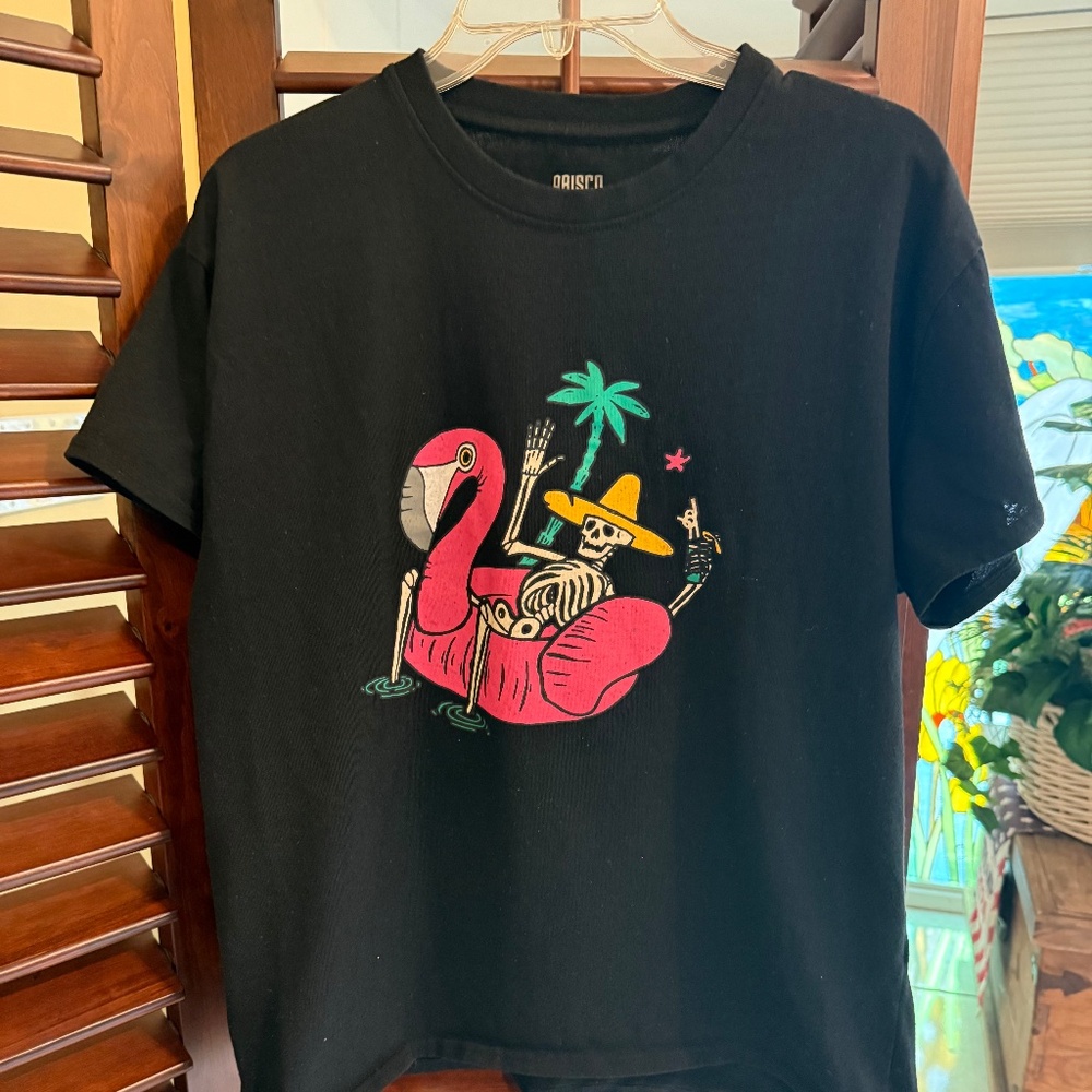 Black s/s tee with Skeleton & Flamingo